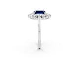 Platinum Emerald Cut Blue Sapphire Floral Double Halo Engagement Ring with Prong Setting_184