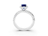 Platinum Emerald Cut Blue Sapphire Halo Ring with Round Split Shank and Prong Setting_69