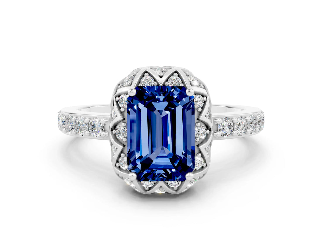 Platinum Emerald Cut Blue Sapphire Scalloped Halo Engagement Ring with Round Shared Prong Band_30