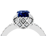 Platinum Emerald Cut Blue Sapphire Scalloped Halo Engagement Ring with Round Shared Prong Band_34