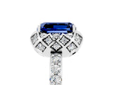 Platinum Emerald Cut Blue Sapphire Scalloped Halo Engagement Ring with Round Shared Prong Band_35