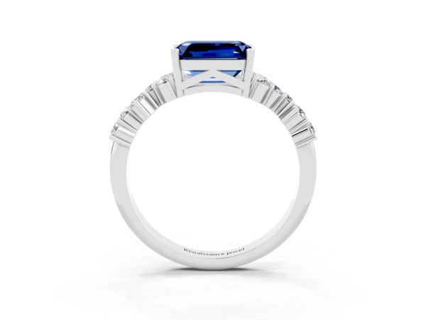 Platinum Emerald Cut Lab-Grown Blue Sapphire Scattered Accent Engagement Ring with Open X Gallery