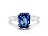 Platinum Emerald Cut Blue Sapphire Solitaire Ring with Flower Prong Setting and Classic Band_12