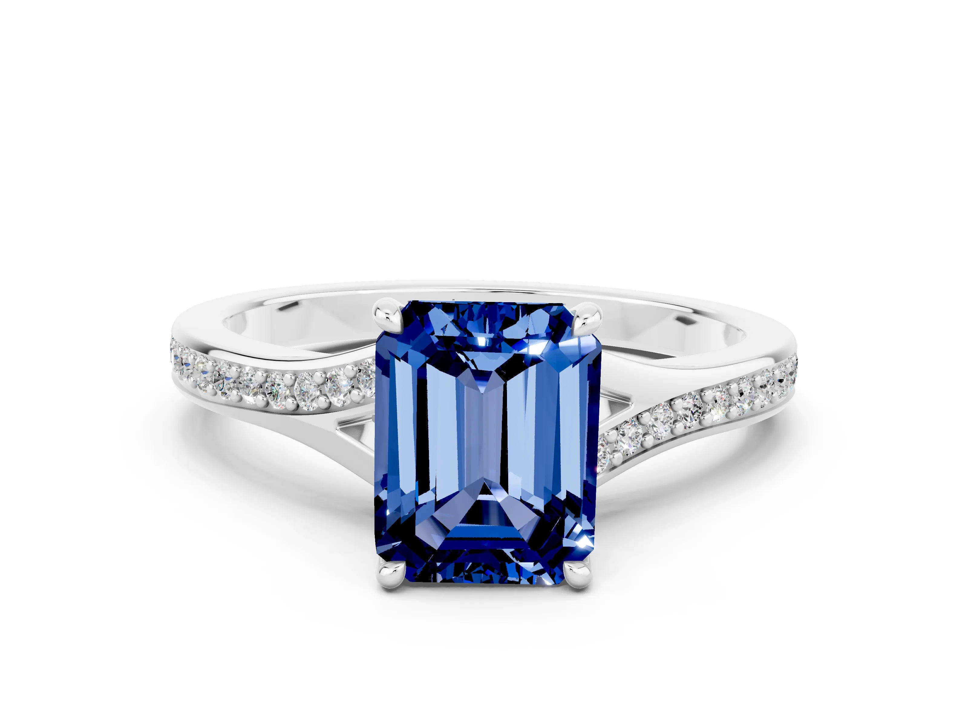Platinum Emerald Cut Blue Sapphire Solitaire Ring with Pavé Band and Prong Setting_12