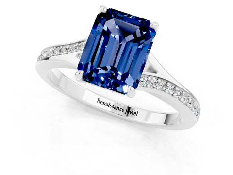 Platinum Emerald Cut Blue Sapphire Solitaire Ring with Pavé Band and Prong Setting_13