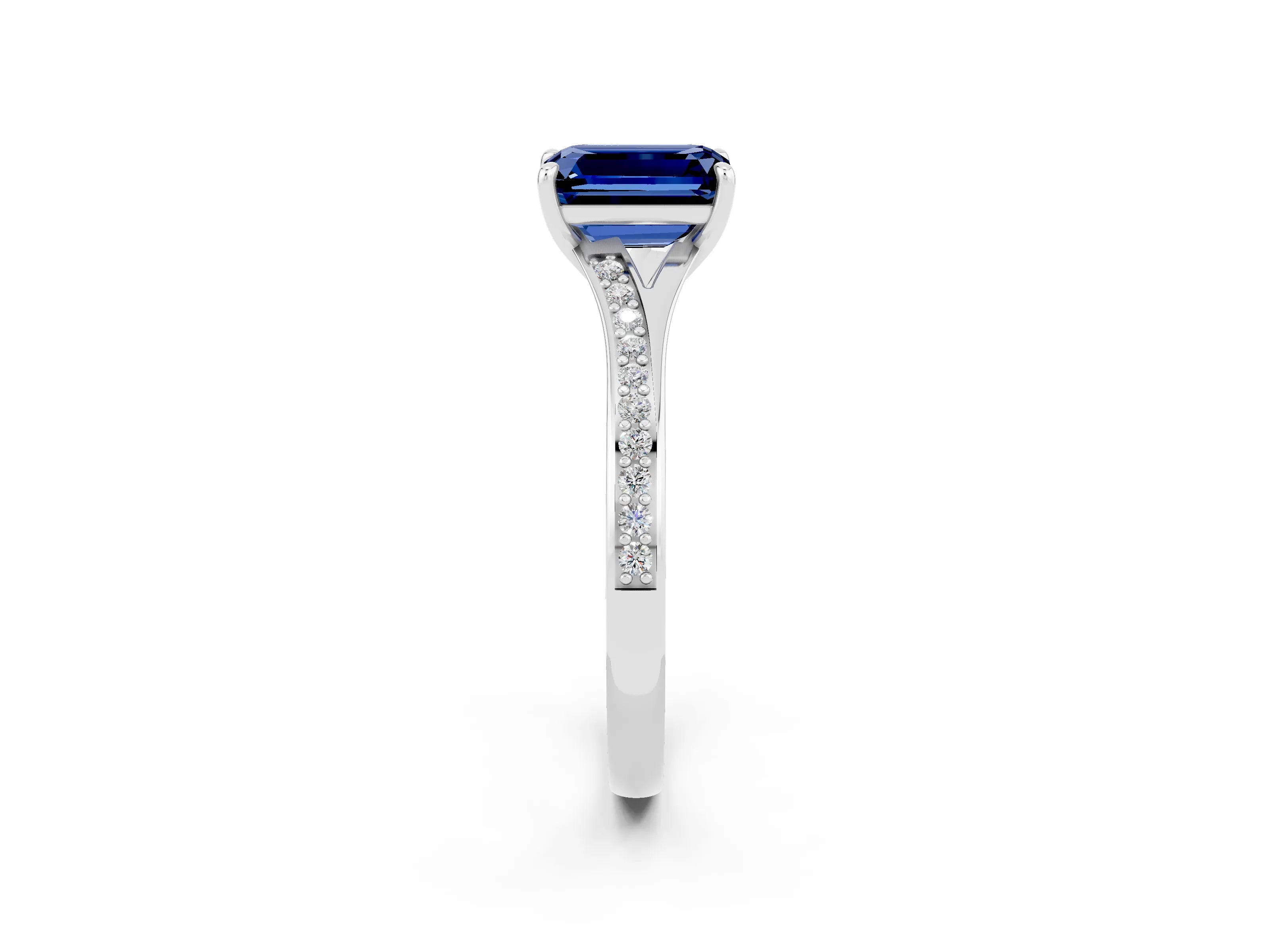 Platinum Emerald Cut Blue Sapphire Solitaire Ring with Pavé Band and Prong Setting_14