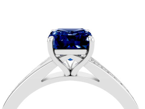 Platinum Emerald Cut Blue Sapphire Solitaire Ring with Pavé Band and Prong Setting_16
