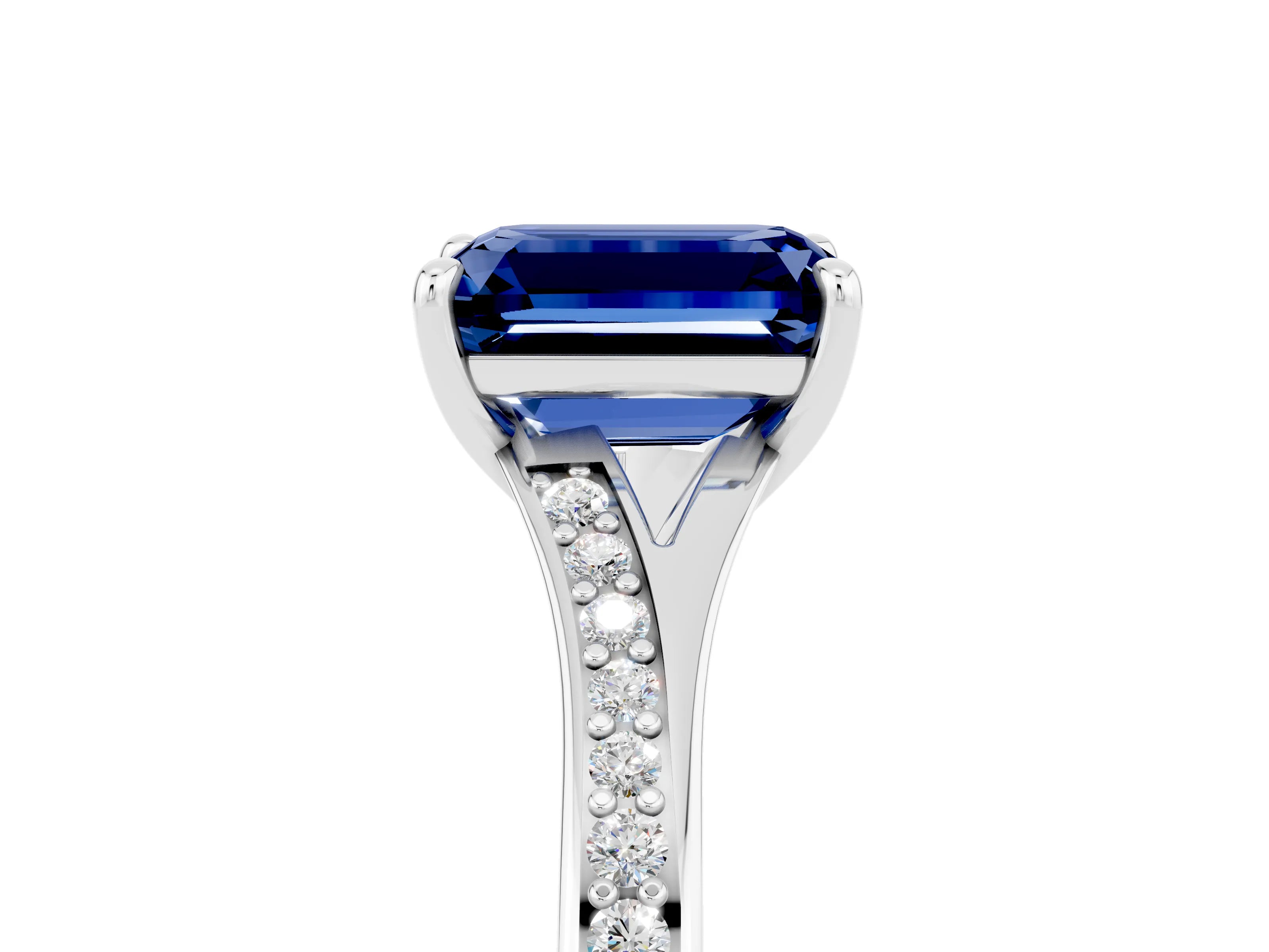 Platinum Emerald Cut Blue Sapphire Solitaire Ring with Pavé Band and Prong Setting_17