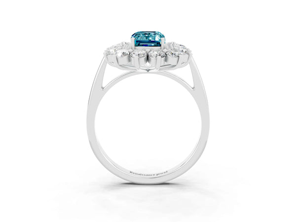 Platinum Emerald Cut Blue Topaz Floral Double Halo Engagement Ring with Prong Setting