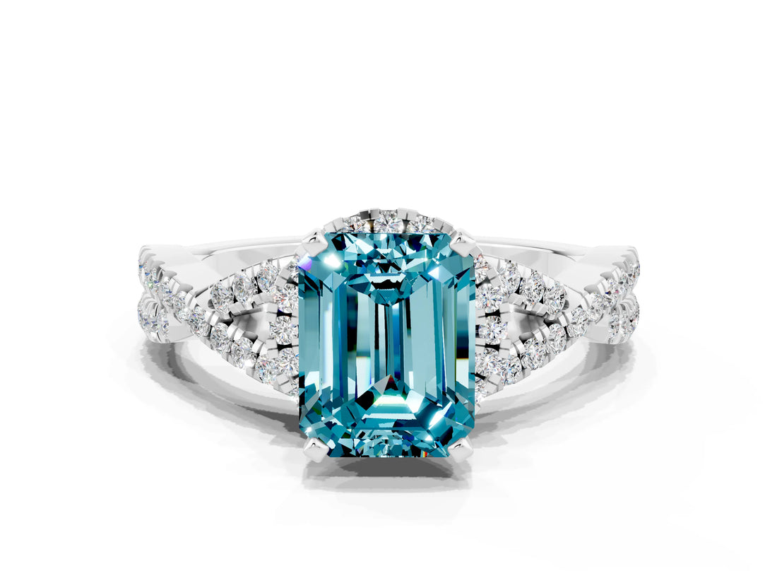 Platinum Emerald Cut Blue Topaz  Halo Twist Band Solitaire Prong Setting Ring_18