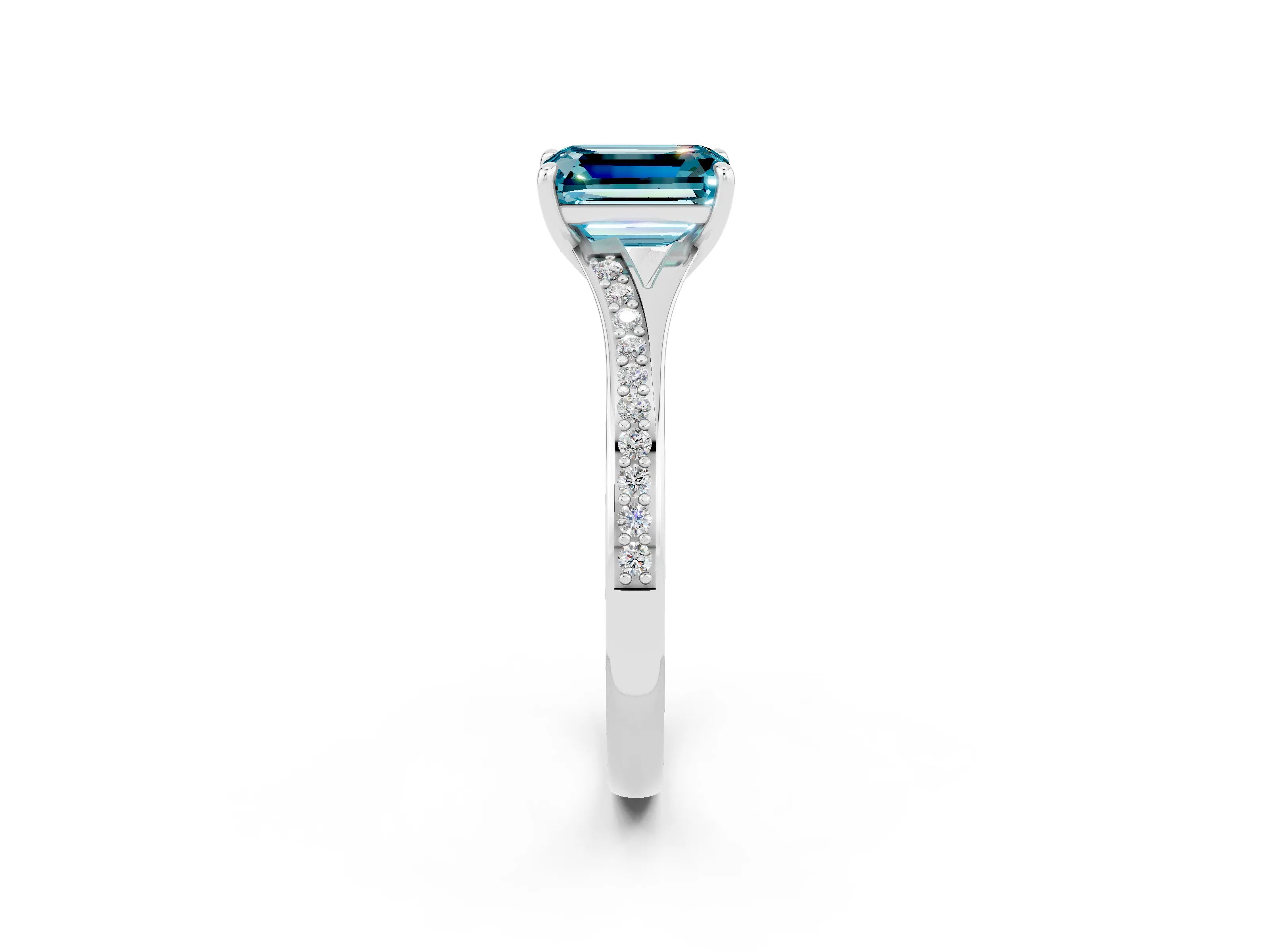 Platinum Emerald Cut Blue Topaz Solitaire Ring with Pavé Band and Prong Setting_26