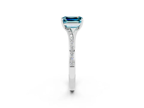Platinum Emerald Cut Blue Topaz Solitaire Ring with Pavé Band and Prong Setting_26