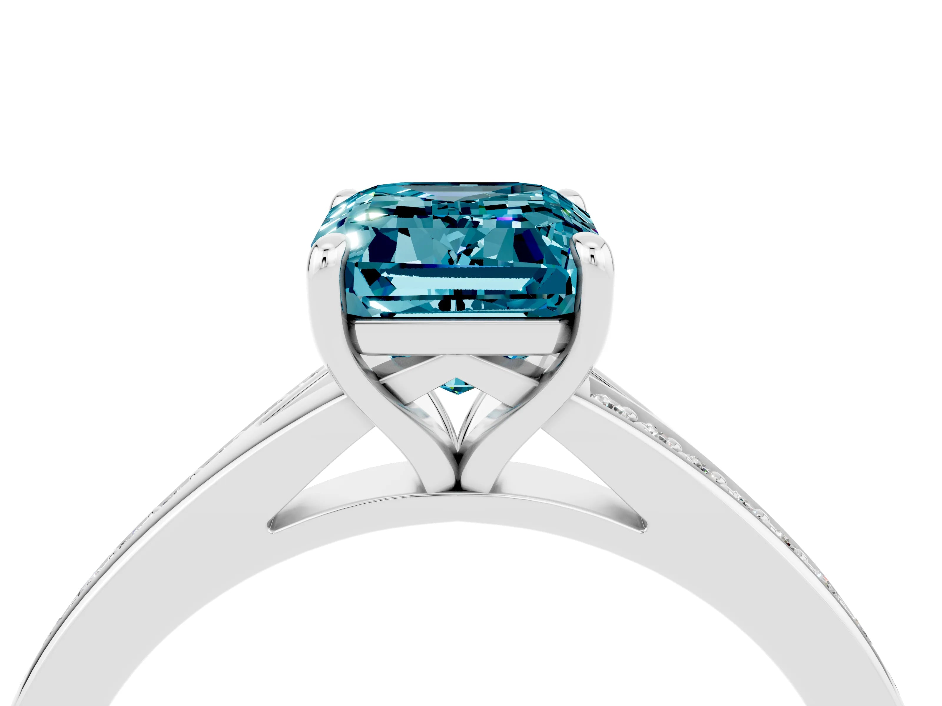 Platinum Emerald Cut Blue Topaz Solitaire Ring with Pavé Band and Prong Setting_28