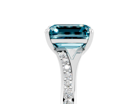 Platinum Emerald Cut Blue Topaz Solitaire Ring with Pavé Band and Prong Setting_29
