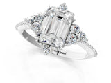 Platinum Emerald Cut Brilliant Diamond with Cluster Setting on a Beaded Band and Four-Prong Setting_8