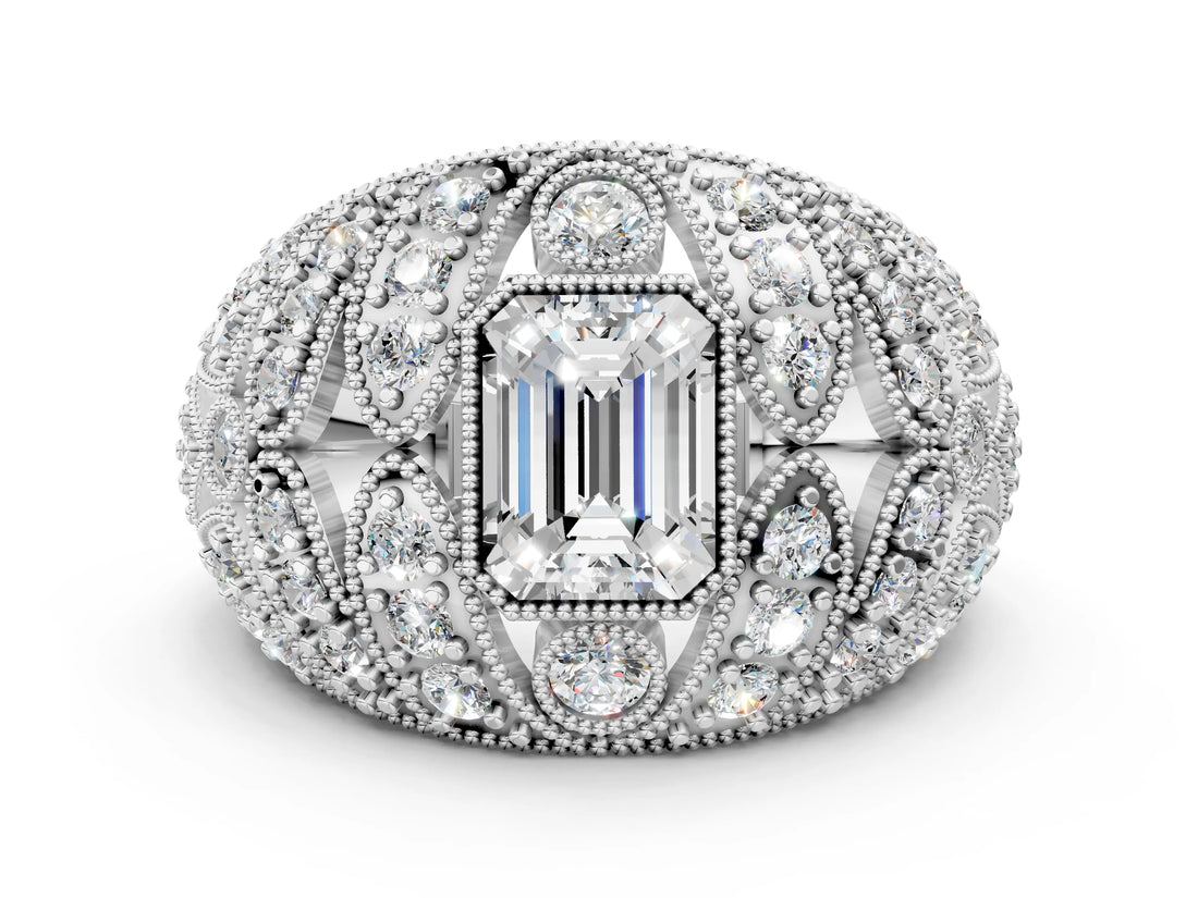 Platinum Emerald Cut Brilliant Halo Pave Diamond Milgrain Ring_13