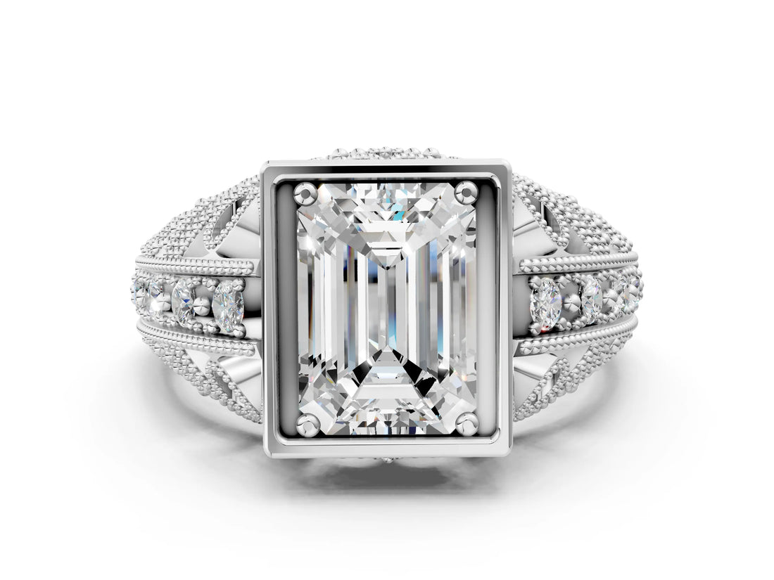 Platinum Emerald Cut Brilliant Milgrain Filigree Diamond Ring with Square Prong Setting_13
