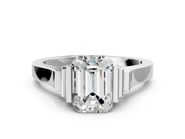 Platinum Emerald Cut Brilliant Solitaire Diamond Ring with Channel Set Band and Bar Prong Setting