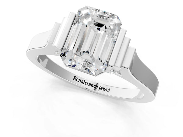 Platinum Emerald Cut Brilliant Solitaire Diamond Ring with Channel Set Band and Bar Prong Setting