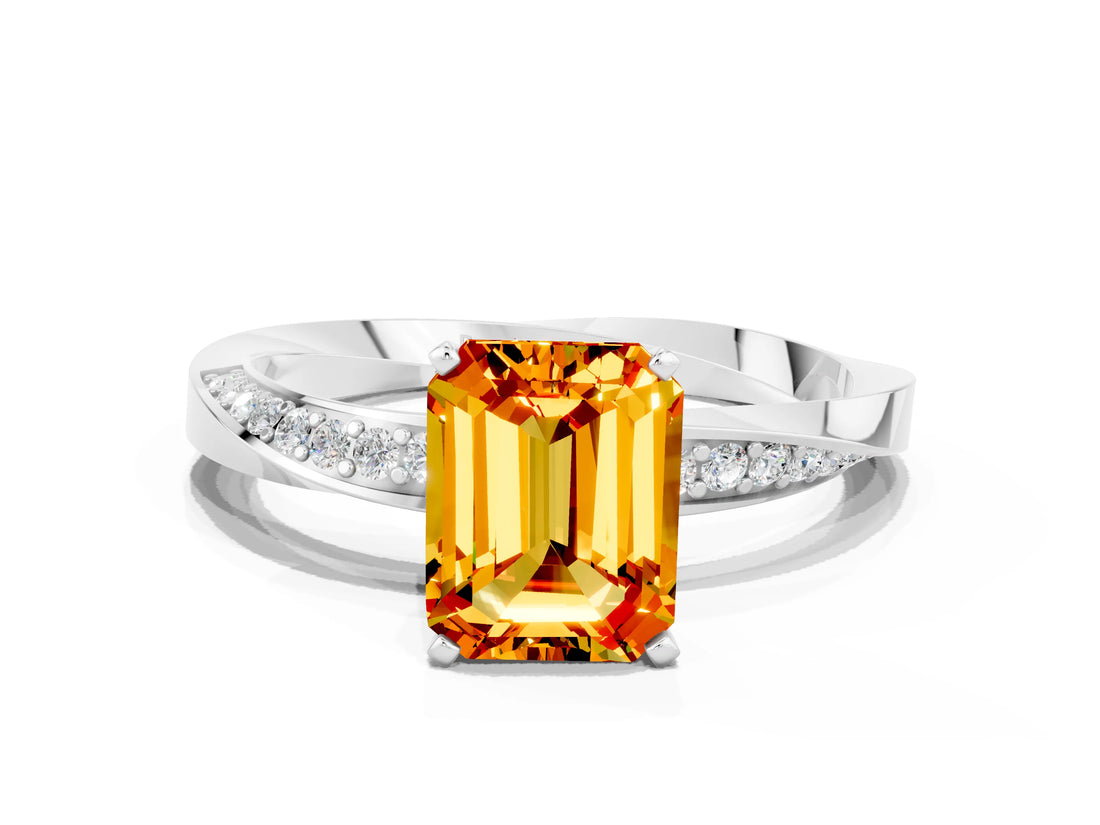 Platinum Emerald Cut Citrine Engagement Ring with Side Stone Accents and Four-Prong Setting_24