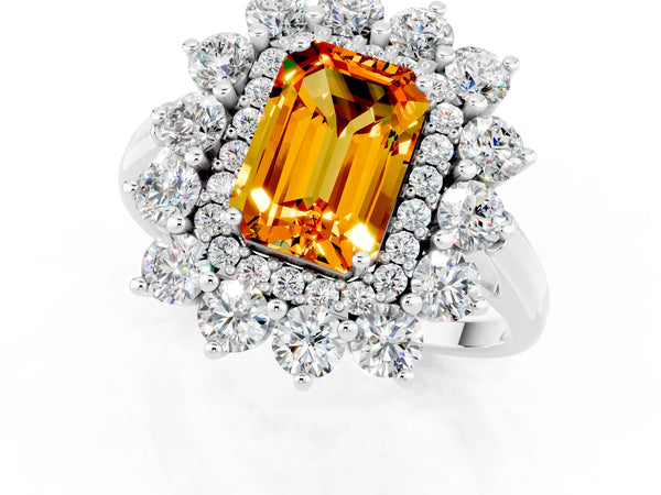 Platinum Emerald Cut Citrine Floral Double Halo Engagement Ring with Prong Setting