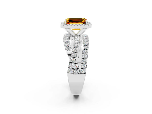 Platinum Emerald Cut Citrine Halo Ring with Round Split Shank and Prong Setting