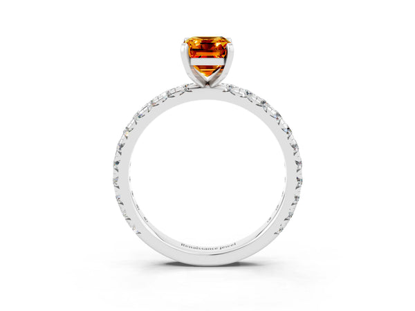 Platinum Emerald Cut Citrine Pavé Solitaire Ring with Round Band and Prong Setting