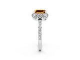 Platinum Emerald Cut Citrine Scalloped Halo Engagement Ring with Round Shared Prong Band_110