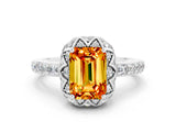 Platinum Emerald Cut Citrine Scalloped Halo Engagement Ring with Round Shared Prong Band_30