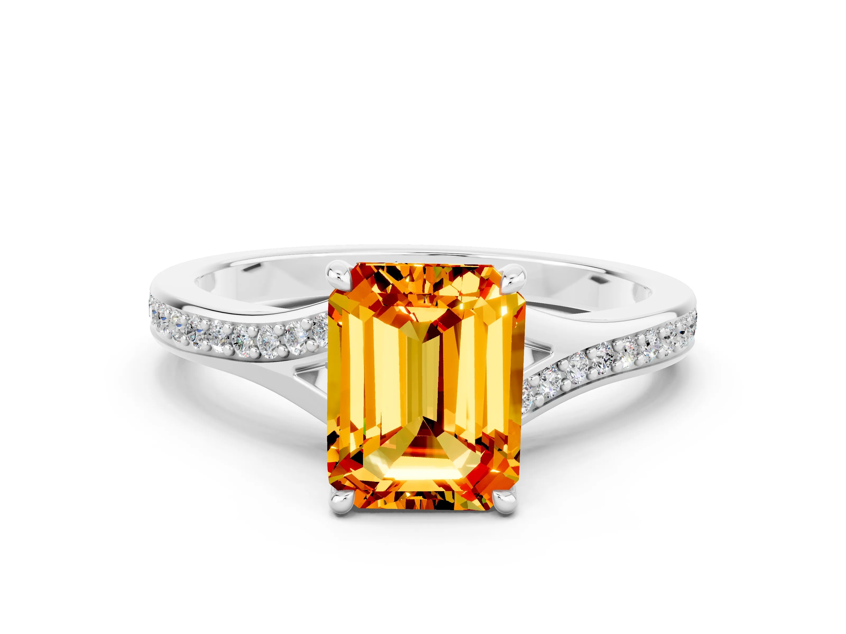 Platinum Emerald Cut Citrine Solitaire Ring with Pavé Band and Prong Setting_24
