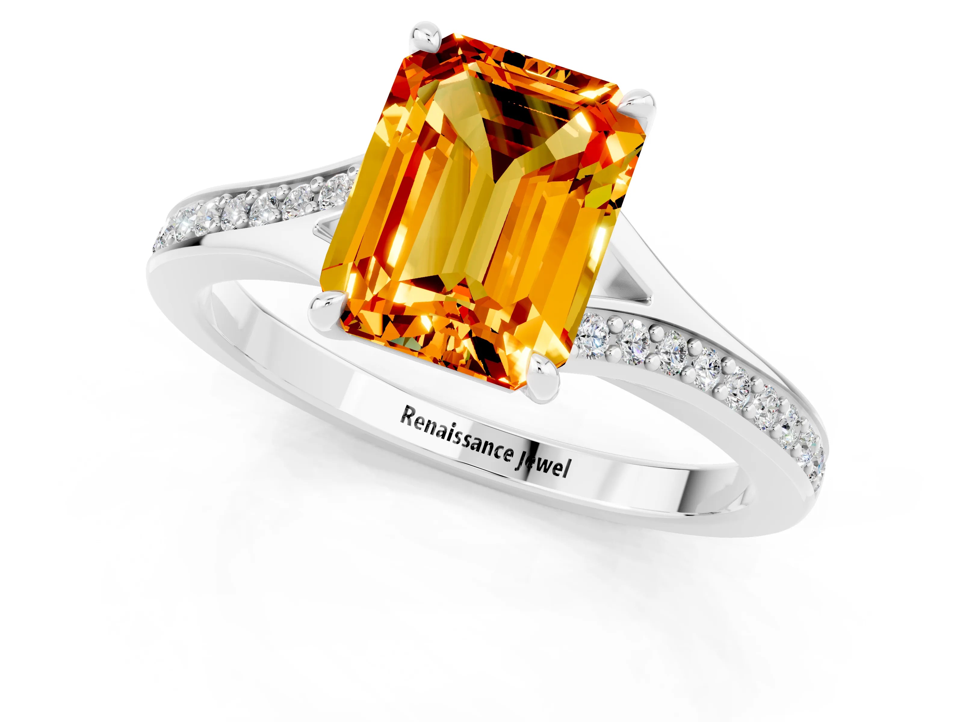 Platinum Emerald Cut Citrine Solitaire Ring with Pavé Band and Prong Setting_25