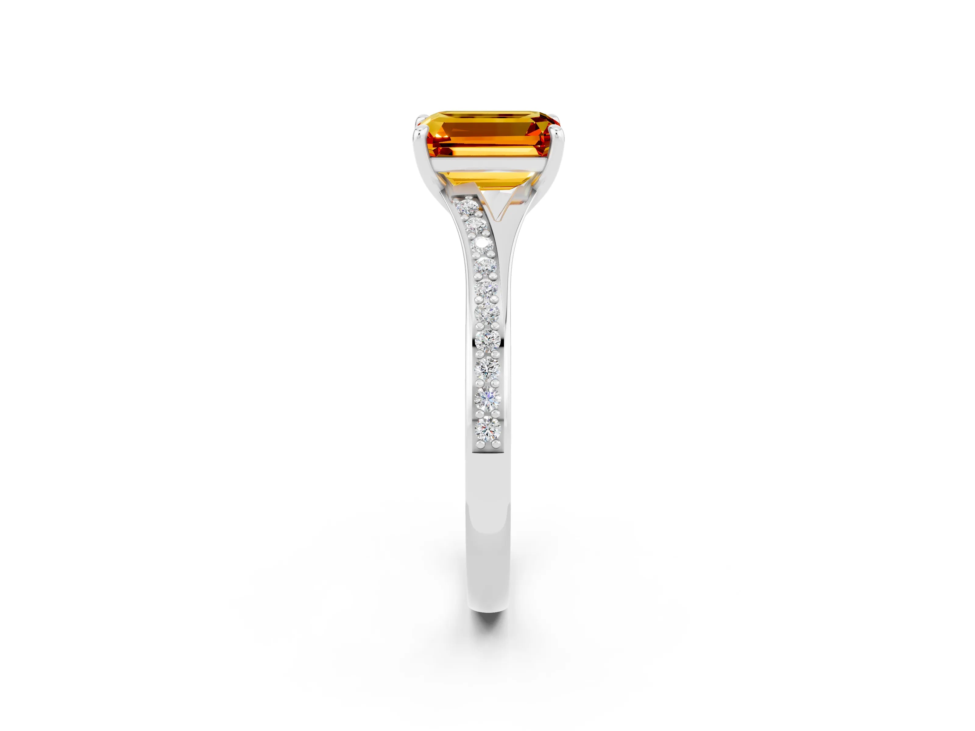 Platinum Emerald Cut Citrine Solitaire Ring with Pavé Band and Prong Setting_26