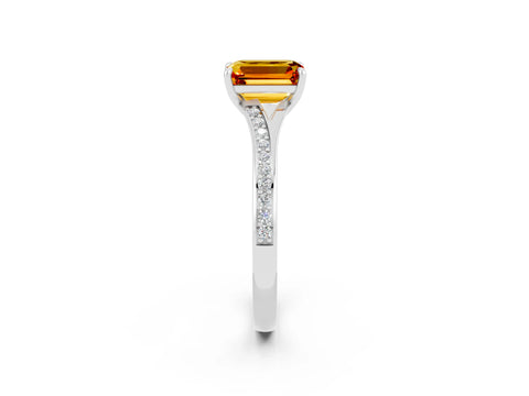 Platinum Emerald Cut Citrine Solitaire Ring with Pavé Band and Prong Setting_26