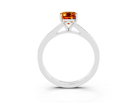 Platinum Emerald Cut Citrine Solitaire Ring with Pavé Band and Prong Setting_27