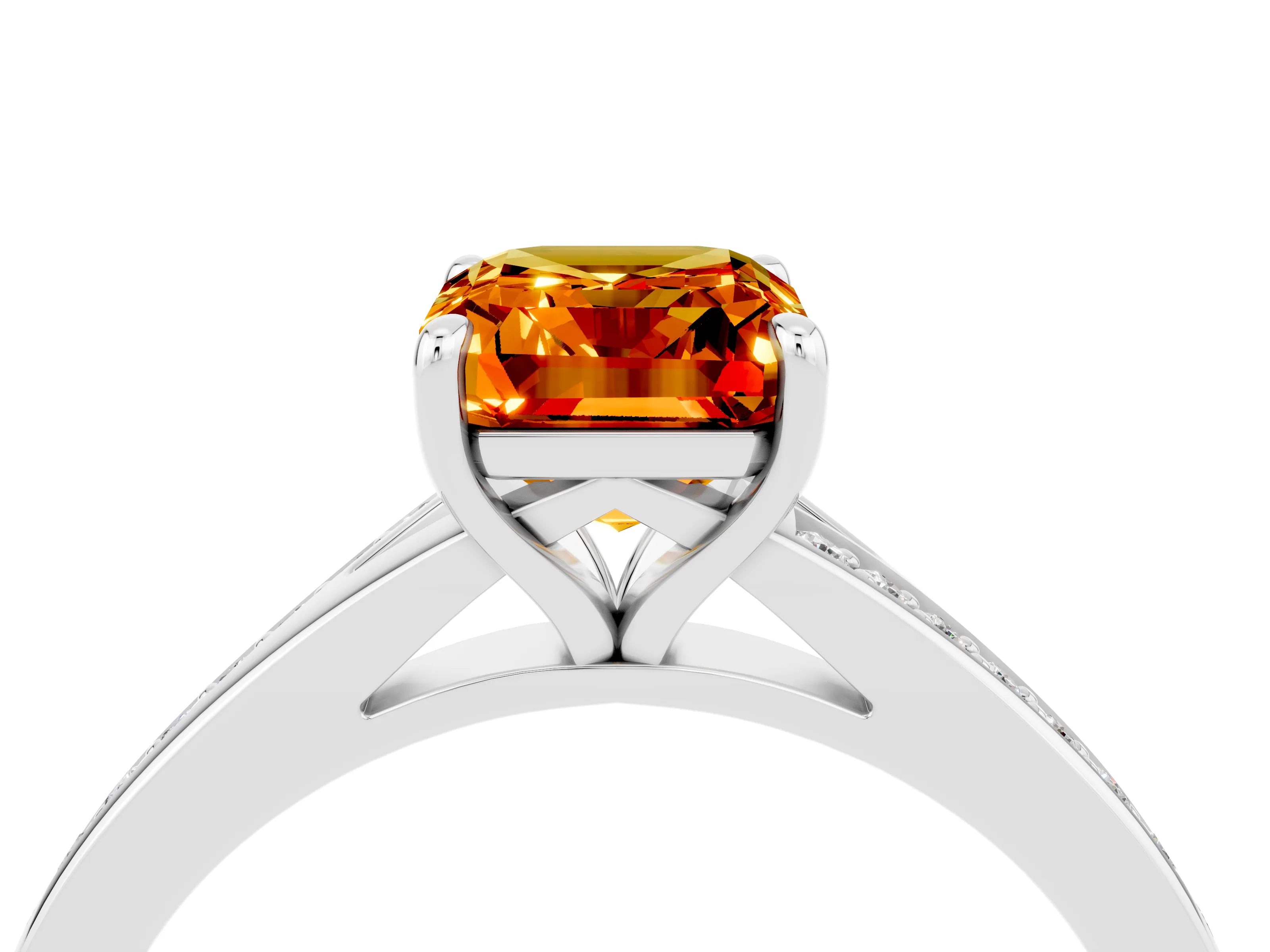Platinum Emerald Cut Citrine Solitaire Ring with Pavé Band and Prong Setting_28