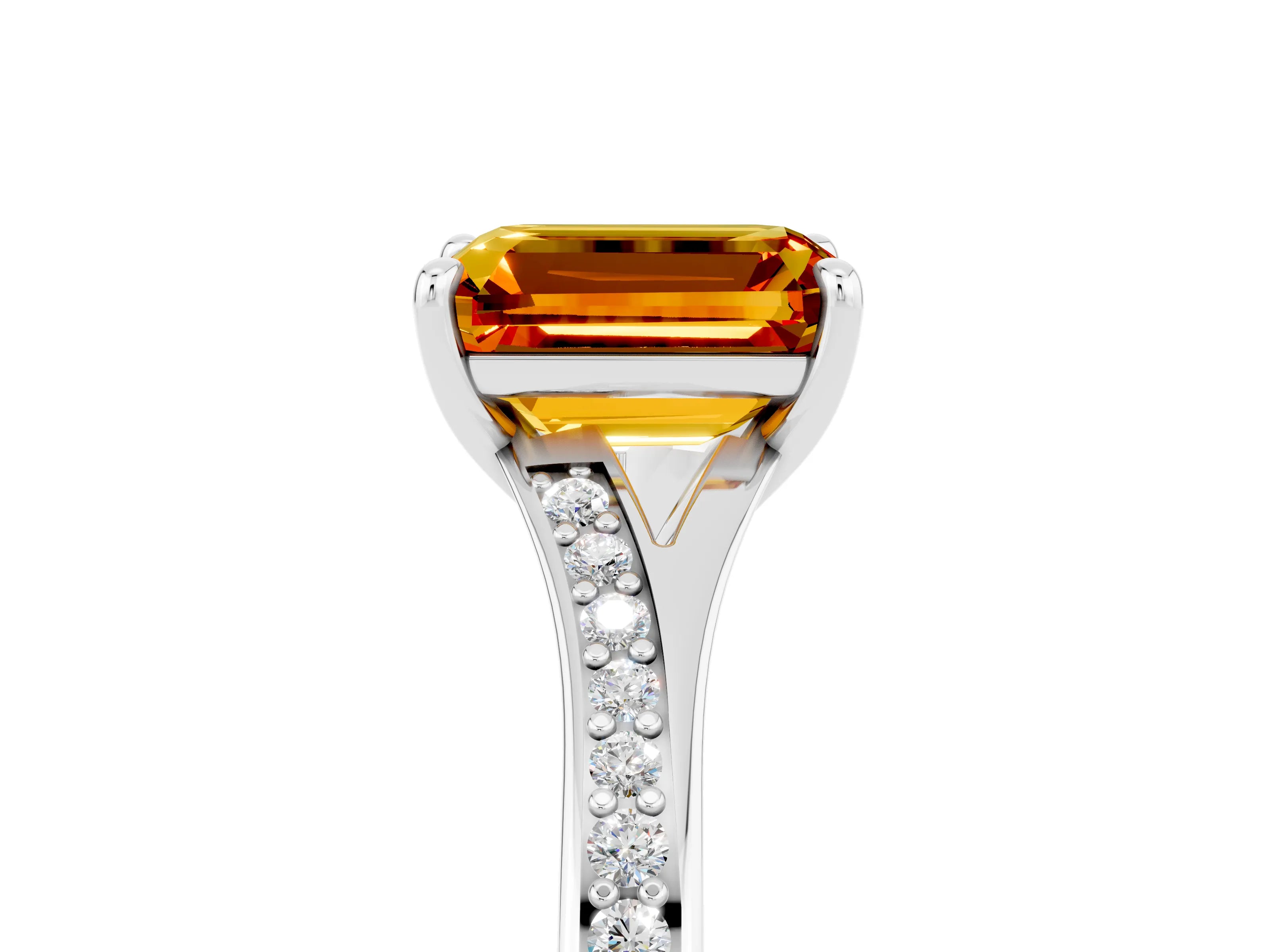 Platinum Emerald Cut Citrine Solitaire Ring with Pavé Band and Prong Setting_29