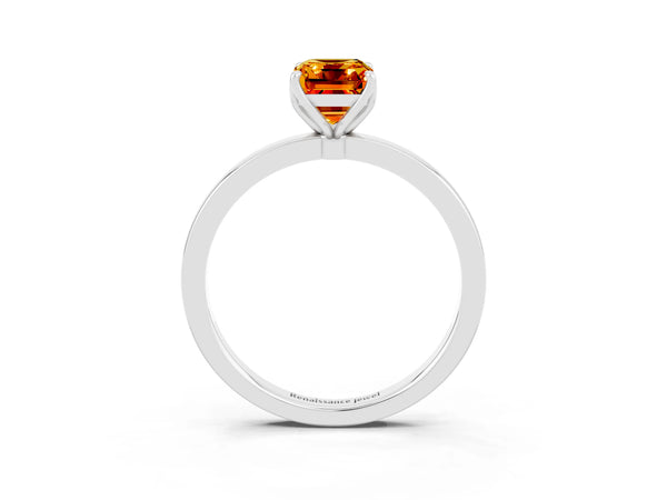 Platinum Emerald Cut Citrine Solitaire Ring with Thin Band and Prong Setting