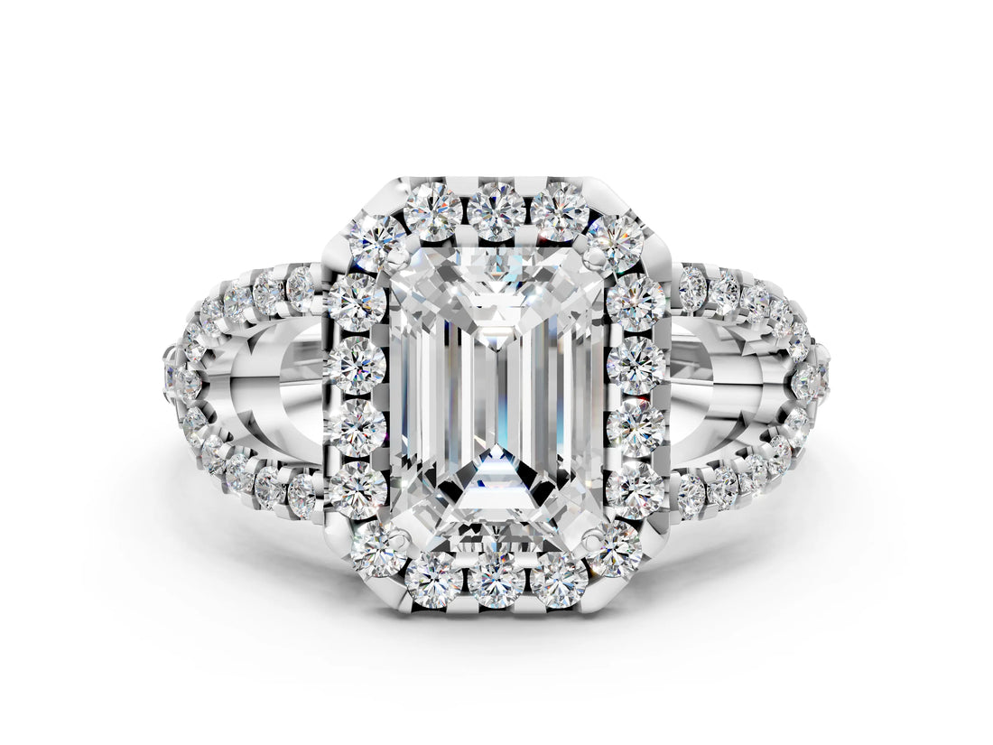 Platinum Emerald Cut Cut Diamond Halo Engagement Ring with Open Split Pavé Band_13