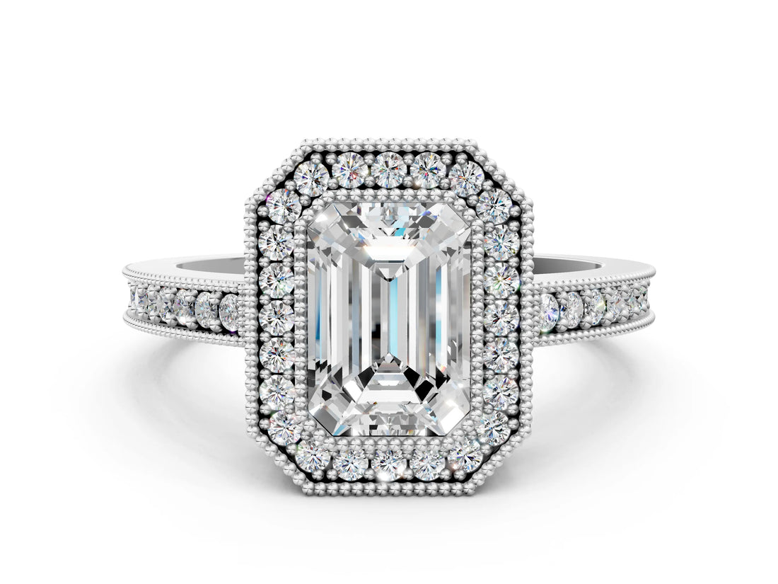 Platinum Emerald Cut-Cut Diamond Halo Engagement Ring with Pave Band and Prong Setting_13
