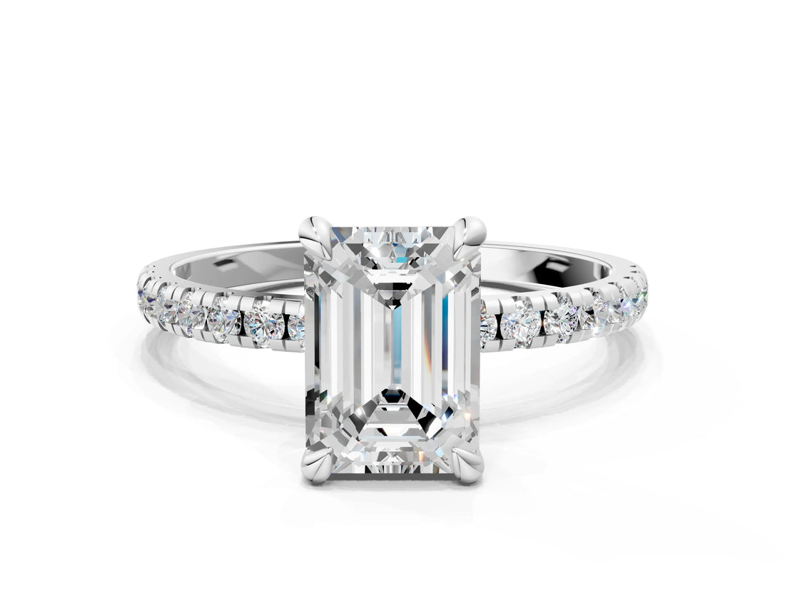 Platinum Emerald Cut Diamond Brilliant Solitaire Ring with Pavé Band and Four-Prong Setting_12