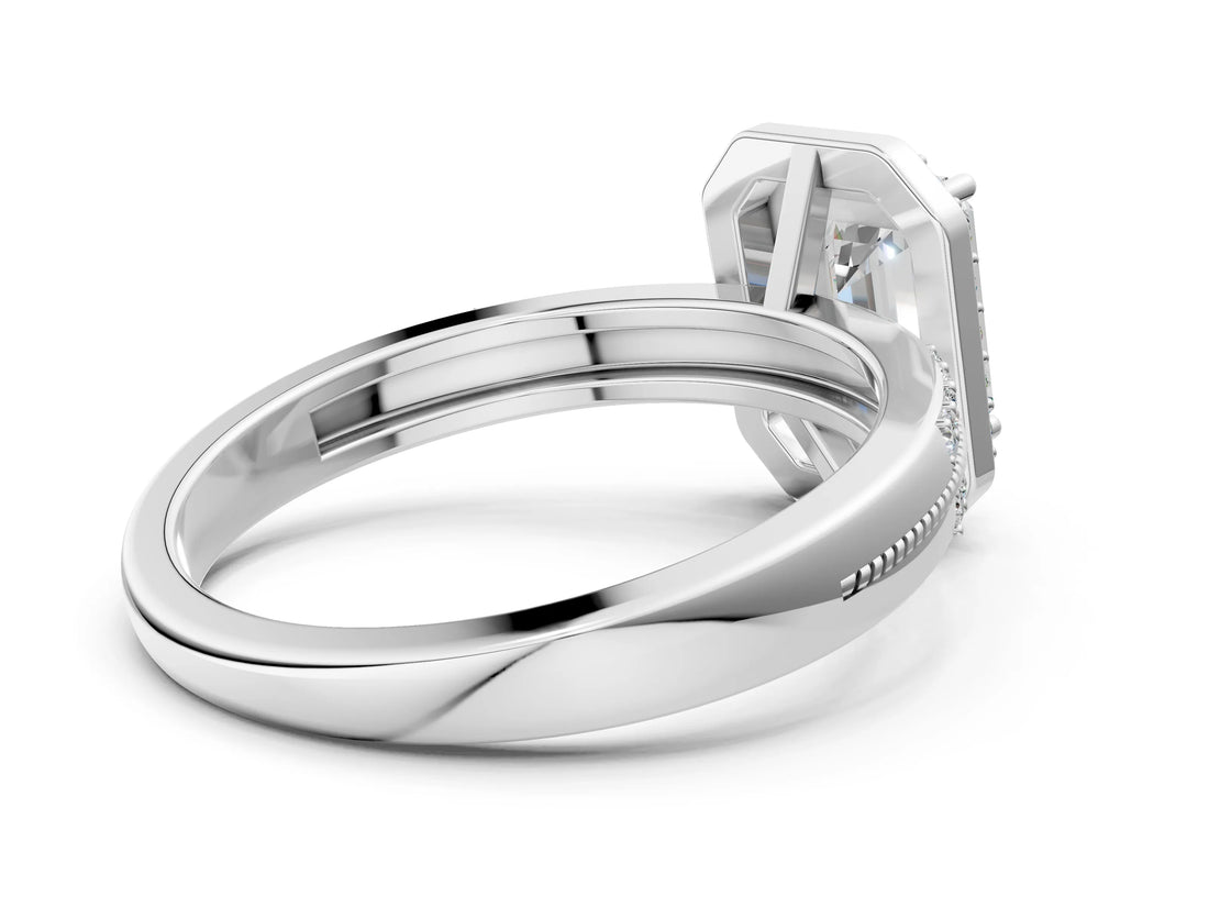 Platinum Emerald Cut Diamond Double Halo Ring with Split Shank and Four-Prong Setting_19