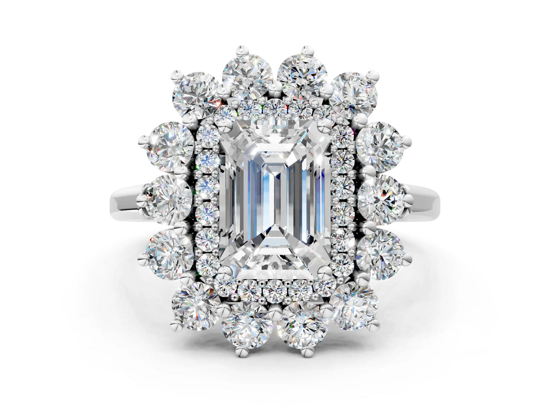 Platinum Emerald Cut Diamond Floral Double Halo Engagement Ring with Prong Setting_67
