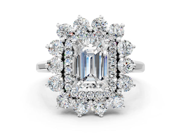 Platinum Emerald Cut Floral Double Halo Engagement Ring Setting