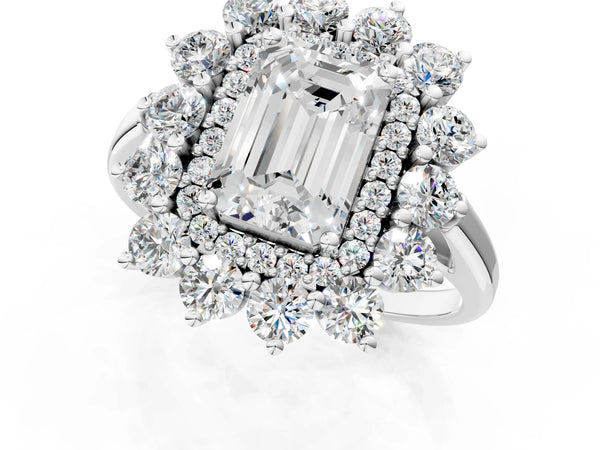 Platinum Emerald Cut Floral Double Halo Engagement Ring Setting