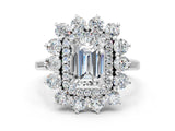 Platinum Emerald Cut Diamond Floral Double Halo Engagement Ring with Prong Setting_7