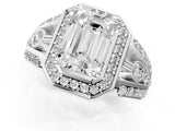 Platinum Emerald Cut Diamond Halo Ring with Split Shank and Bezel Accents and Four-Prong Setting_14