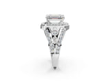 Platinum Emerald Cut Diamond Halo Ring with Split Shank and Bezel Accents and Four-Prong Setting_15
