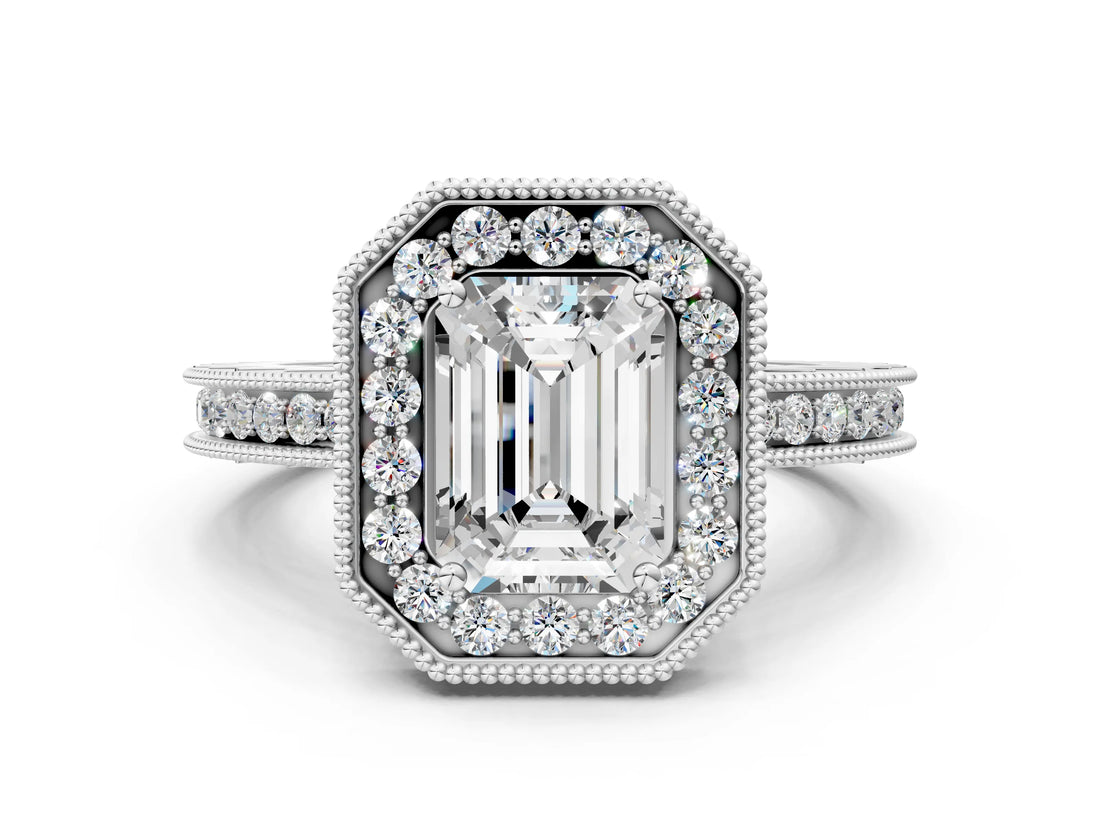Platinum Emerald Cut Diamond Milgrain Halo Engagement Ring with Round Pavé Band and Prong Setting_12