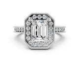 Platinum Emerald Cut Diamond Milgrain Halo Engagement Ring with Round Pavé Band and Prong Setting_12