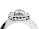 Platinum Emerald Cut Diamond Milgrain Halo Engagement Ring with Round Pavé Band and Prong Setting_16